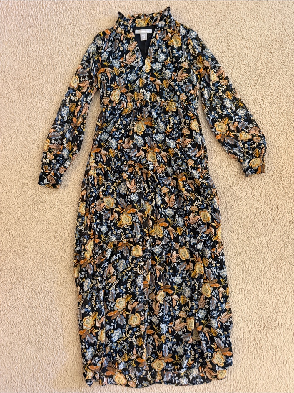 Lucky Brand Black  Floral Long Sleeve Maxi Dress with Yellow Accents